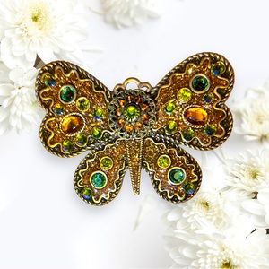Vintage Large Chicos Antique Gold Enameled Rhinestone Butterfly Brooch